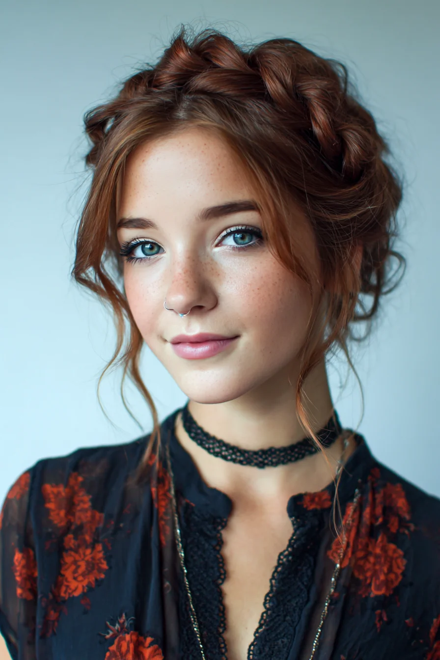 Braided Crown Updo with Soft Face‑Framing Tendrils