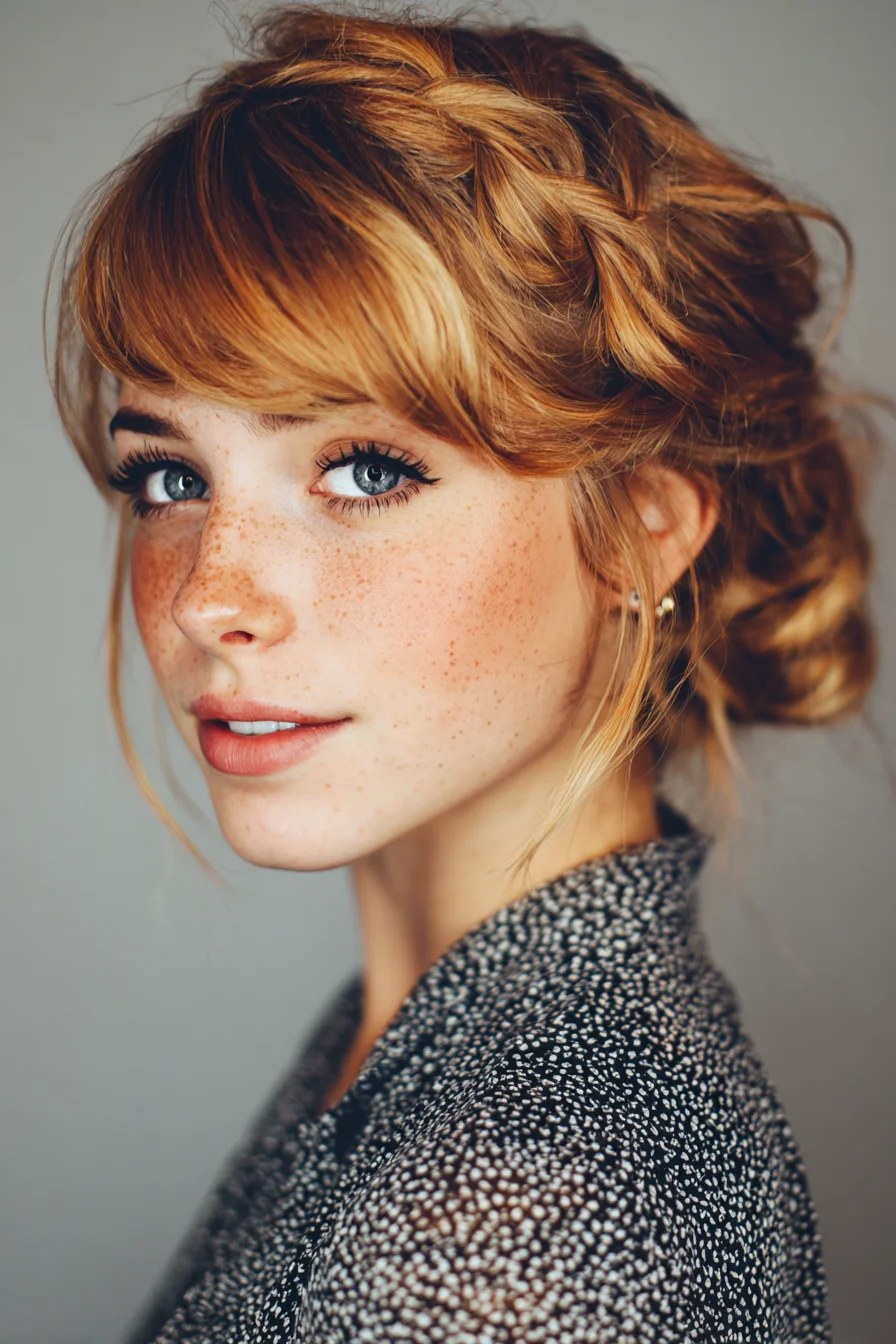 Braided Crown with Messy Low Bun and Side‑Swept Bangs — Textured Updo