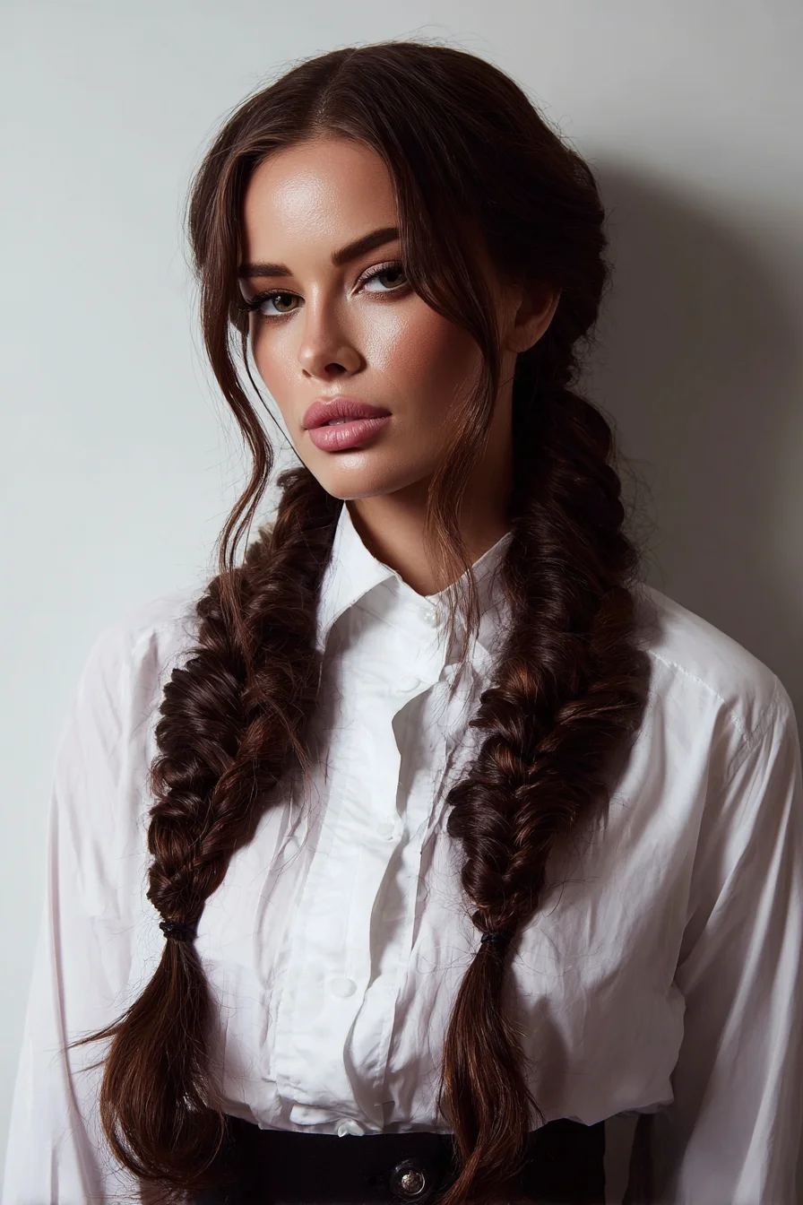 Chunky Double Fishtail Braids with Soft Face‑Framing Layers