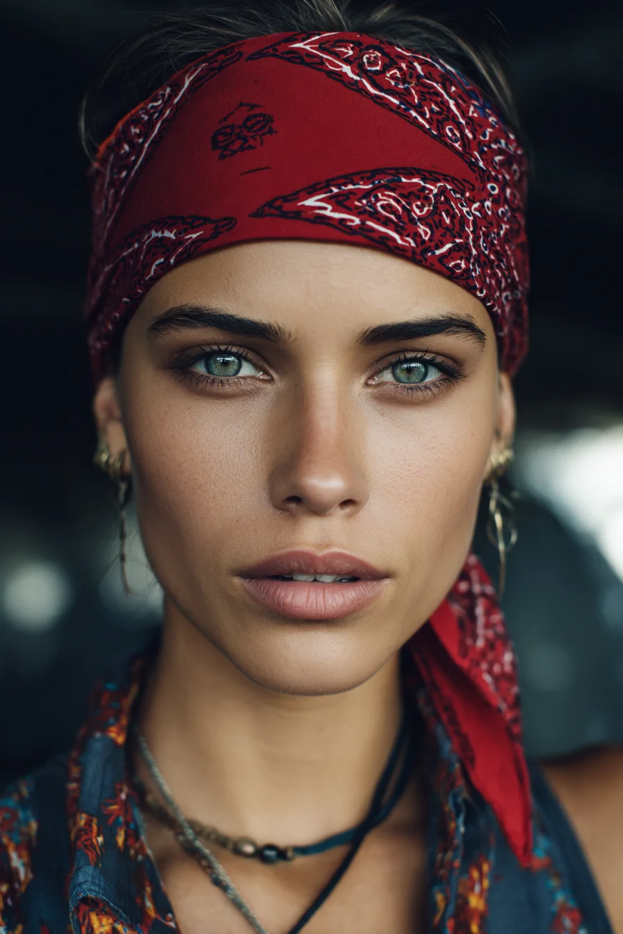 Classic Bandana Headwrap with Pulled‑Back Hair — Boho Headband Look