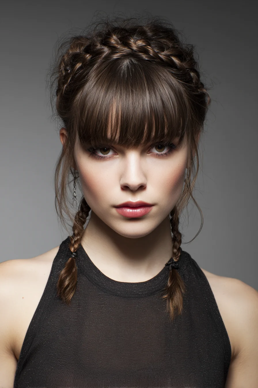 Crown Halo Braids with Blunt Fringe and Two Braided Pigtails