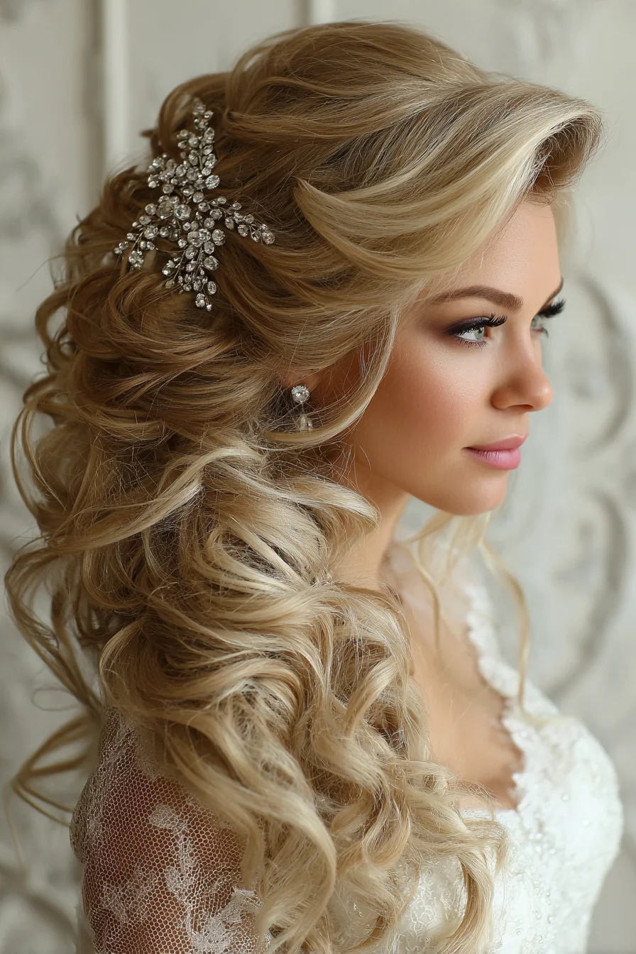 Elegant Half-Up Bridal Curls with Crystal Hairpiece