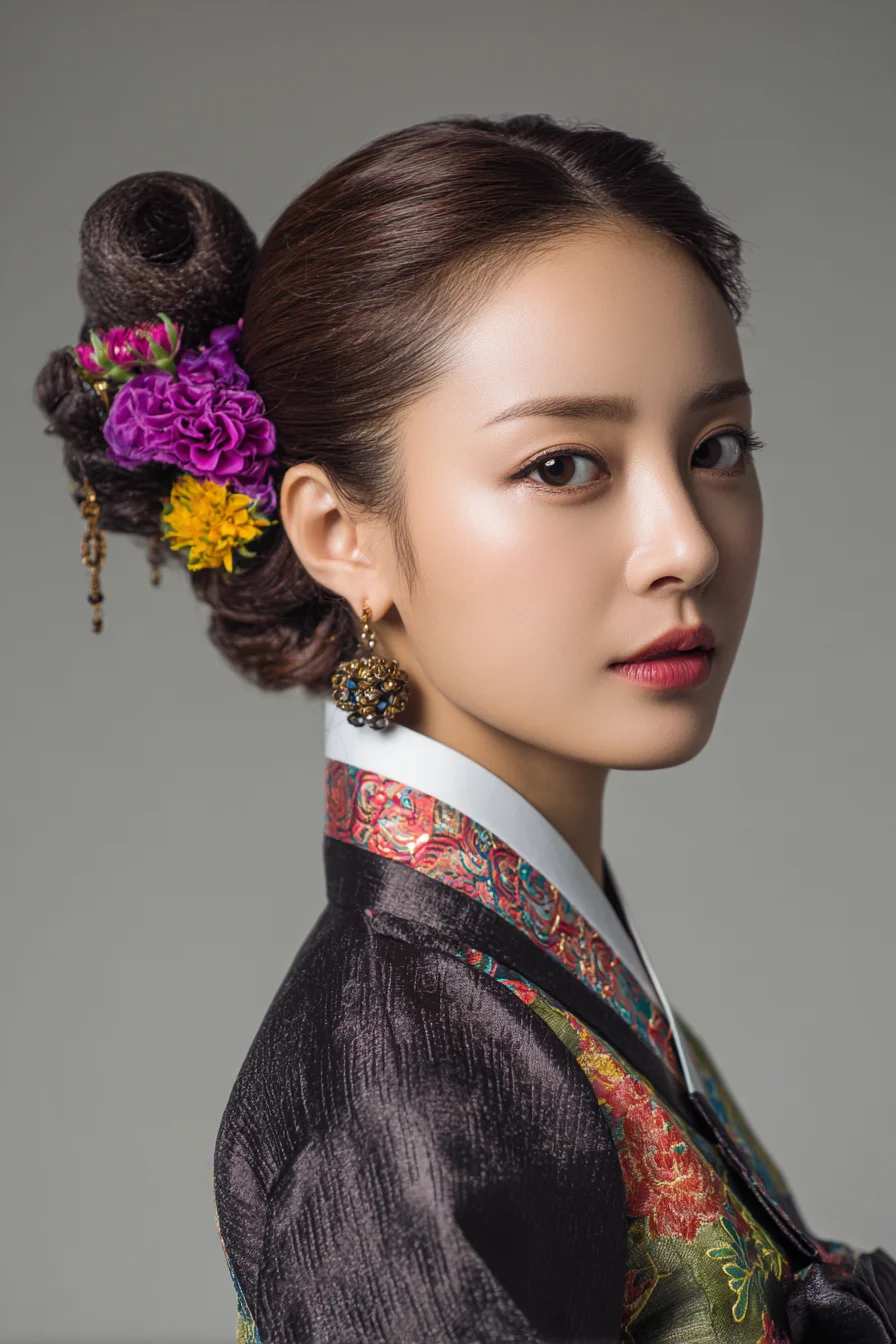 Elegant Korean-Inspired Low Twisted Bun with Floral Hairpins