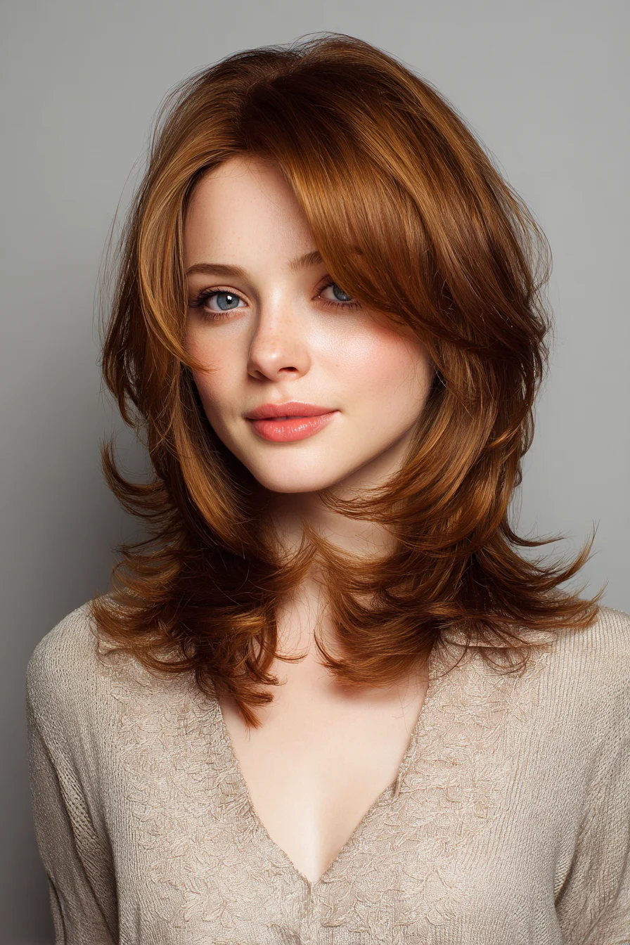 Feathered Mid-Length Layers with Curtain Face-Framing