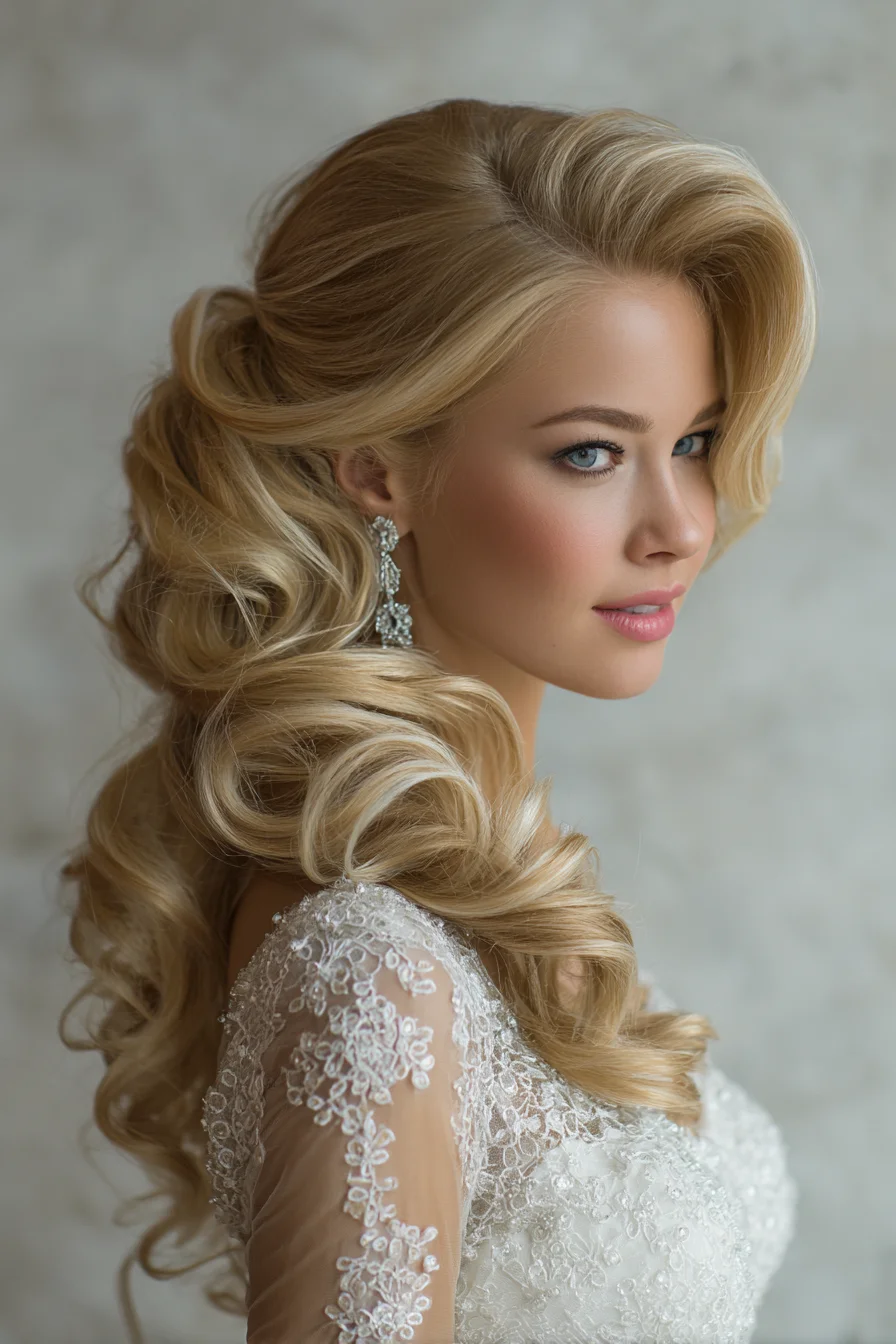 Glamorous Half-Up Bridal Waves with Voluminous Cascading Curls