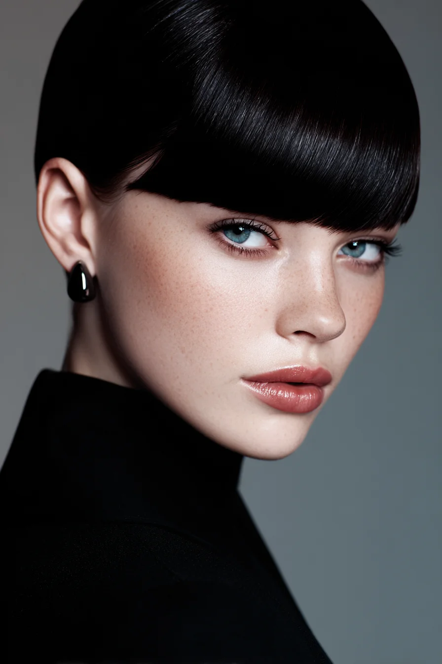 Glossy Blunt Bangs on a Sleek Short Bob