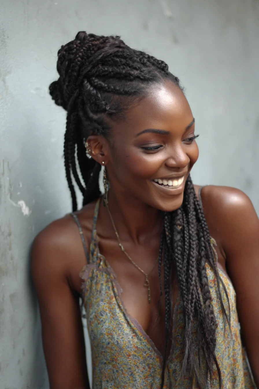 Half-Up Box Braids Bun — Medium-Long Natural Hair Protective Style