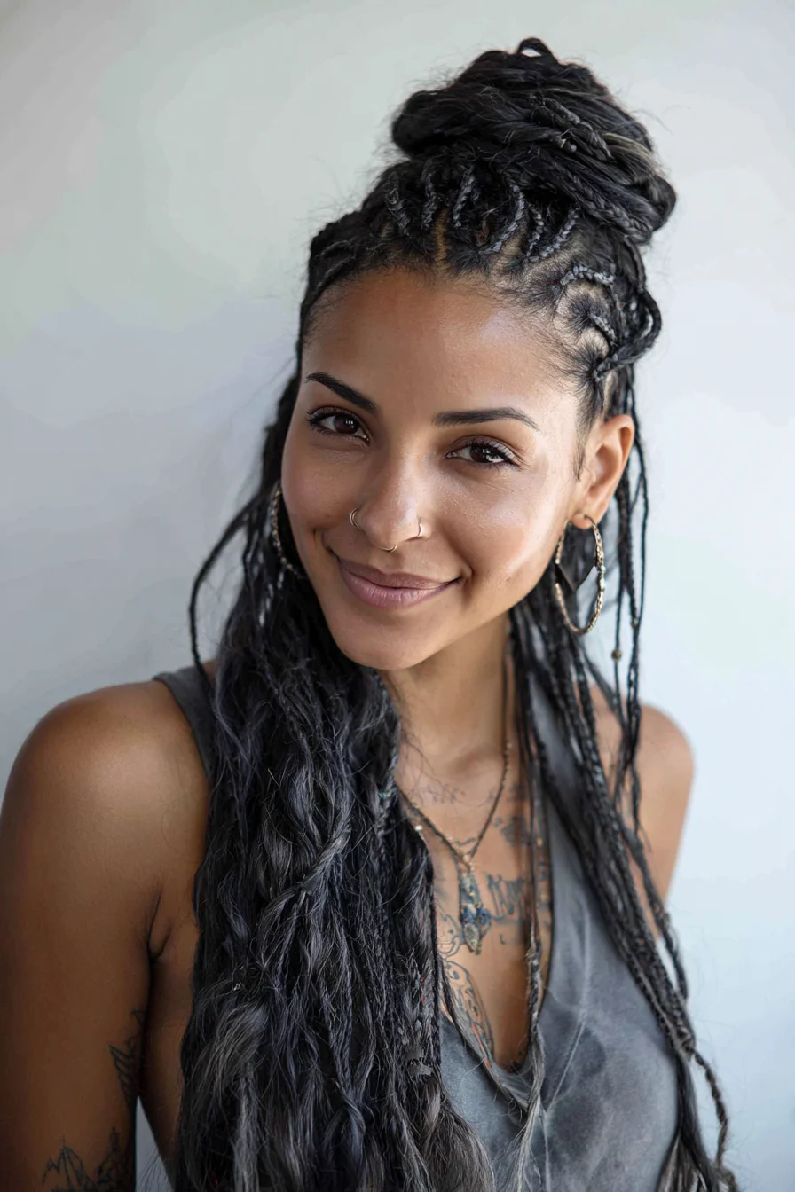 Half-Up Cornrow Braids with Top Knot and Loose Textured Braids
