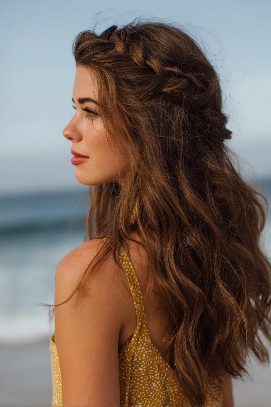 Half‑Up Crown Braid with Textured Beach Waves