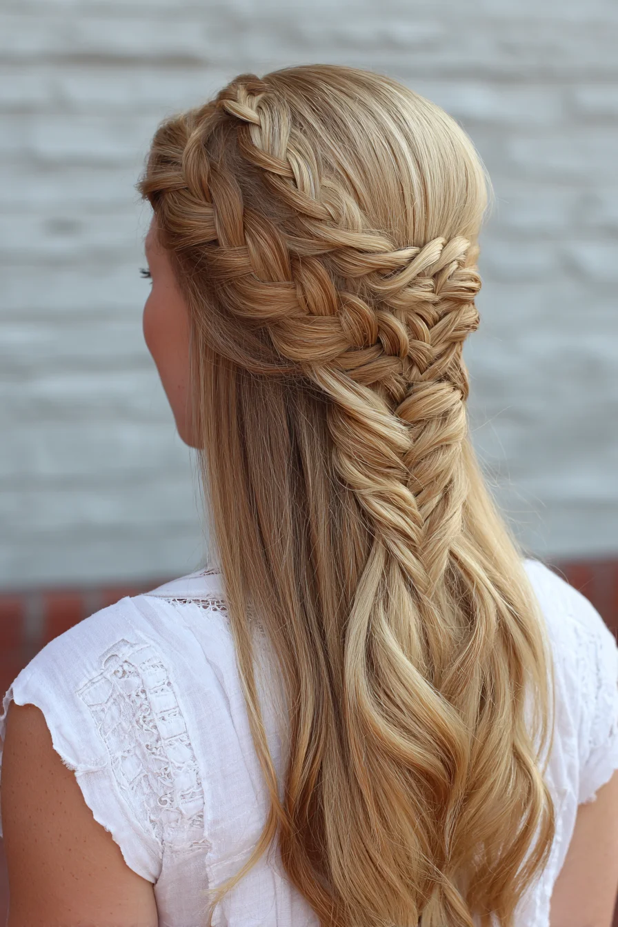 Half-Up Crown Dutch Braids into Pancaked Fishtail — Braided Half-Up Hairstyle