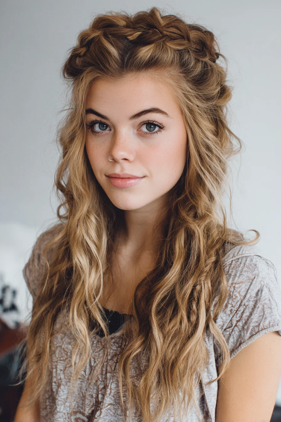 Half-Up Double Dutch Crown Braid with Loose Beachy Waves