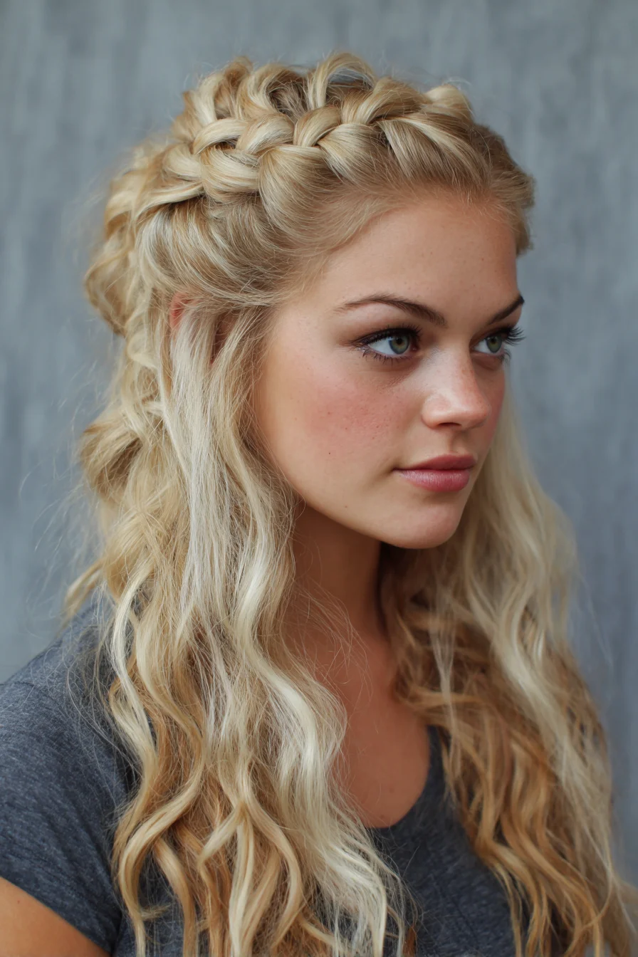 Half-Up Dutch Crown Braid with Loose Beach Waves