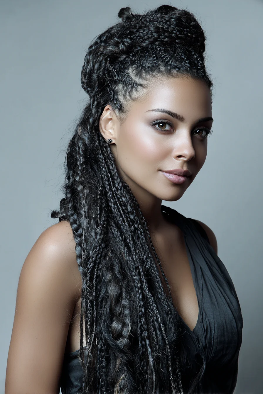 Half-Up Mixed-Size Box Braids with Top Knot — Long Textured Braided Style