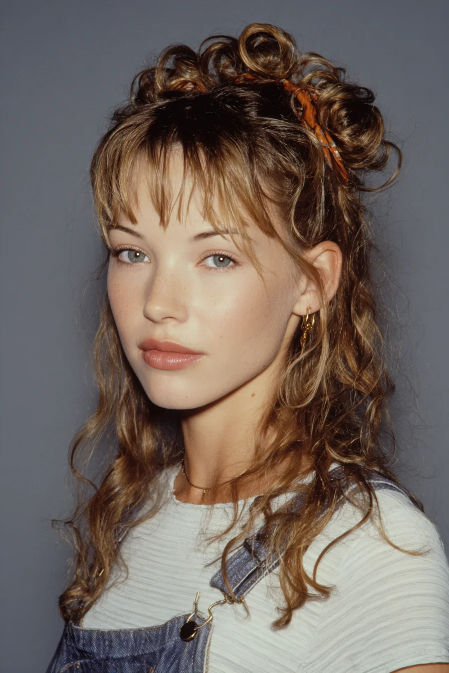 Half‑Up Textured Topknots with Wispy Curtain Bangs — Beachy Curly Style