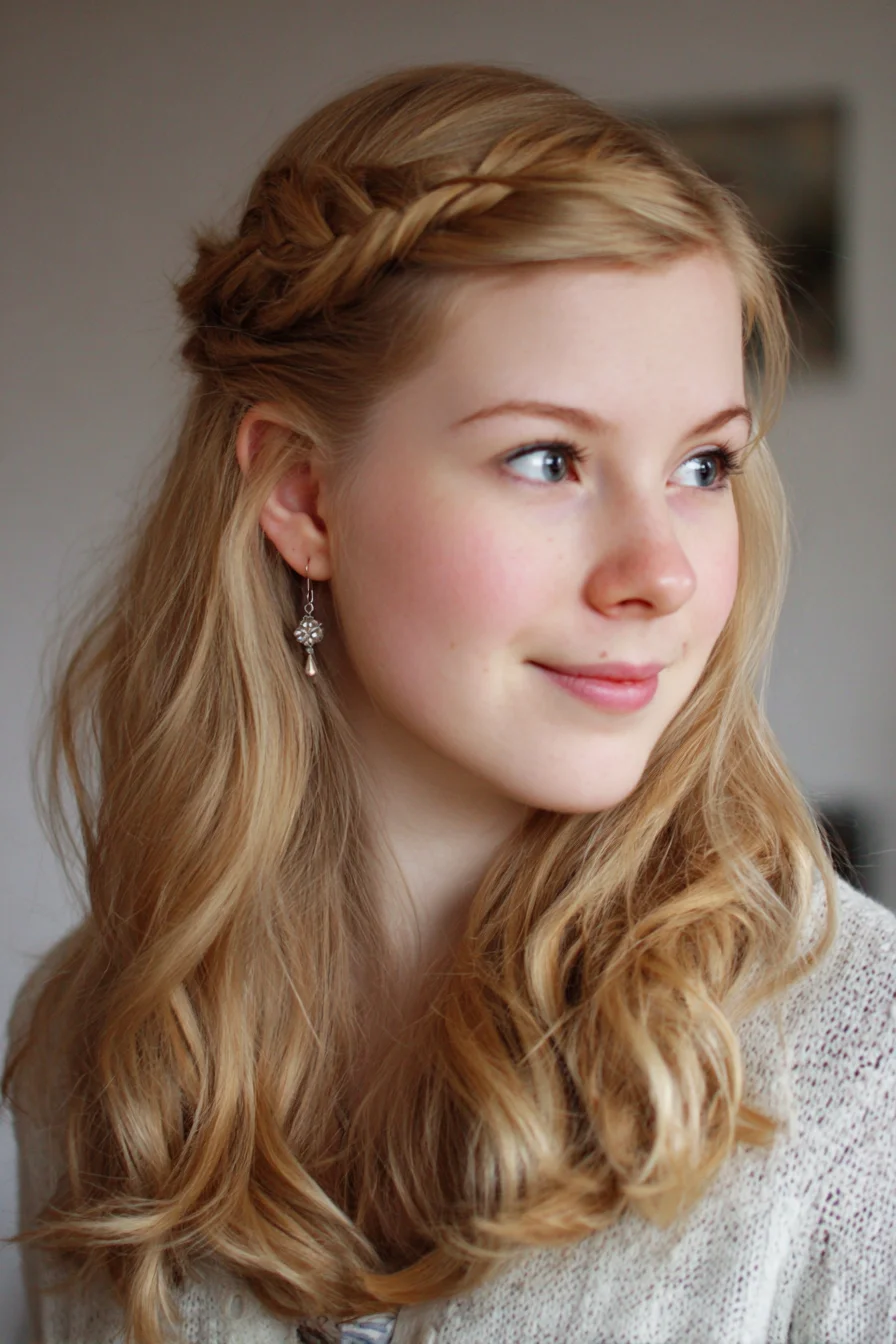 Half-Up Twisted Crown Braid with Loose Soft Waves