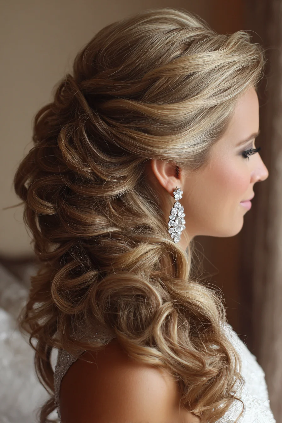 Half-Up Voluminous Curls — Side-Swept Bridal Updo
