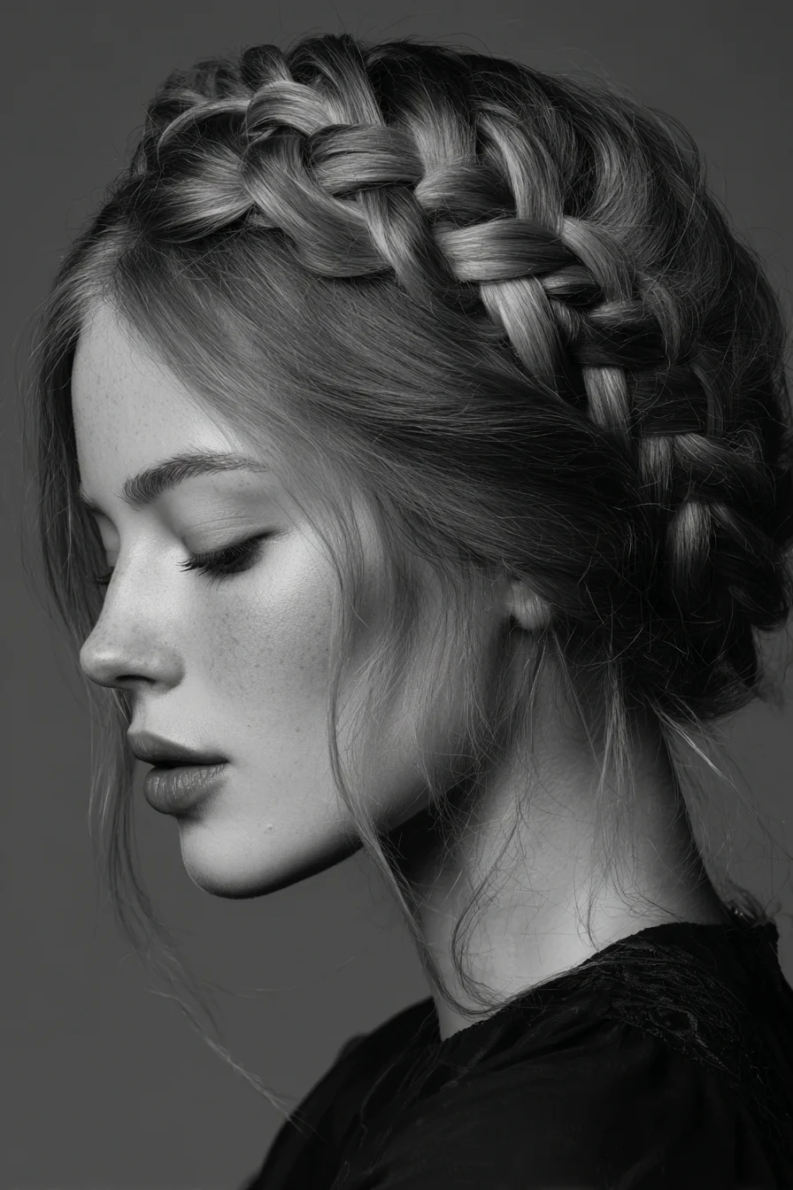Halo Crown Braid with Soft Face‑Framing Tendrils