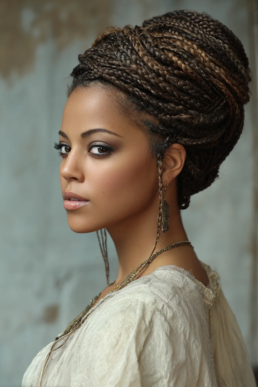High Box-Braid Bun Updo with Face‑Framing Micro Braids