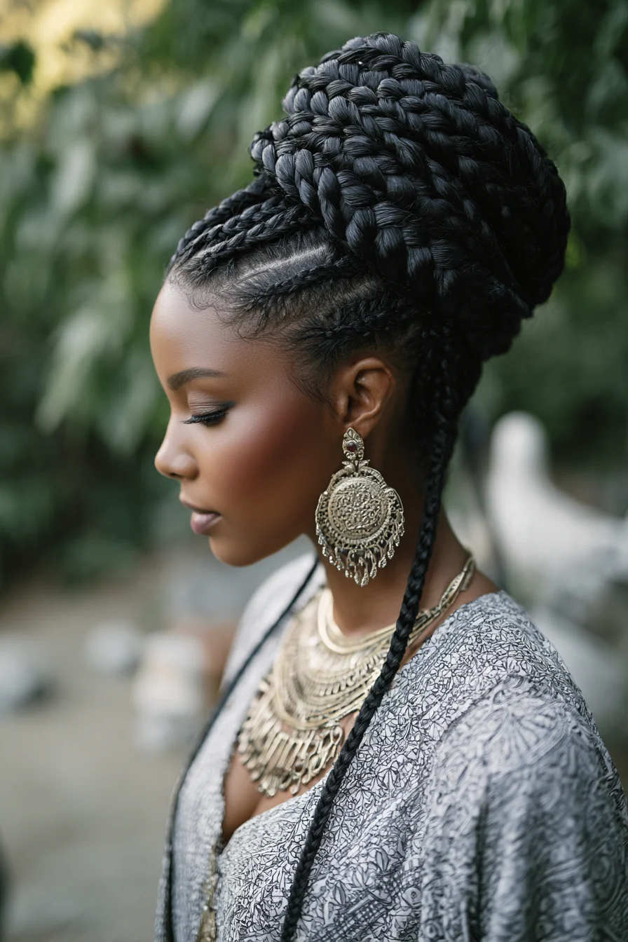 High Braided Bun with Feed-In Cornrows and Two Face‑Framing Braids