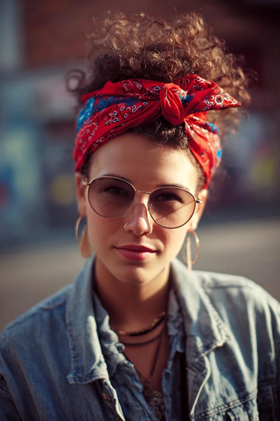 High Curly Top Knot with Red Bandana — Voluminous Messy Bun for Textured Hair