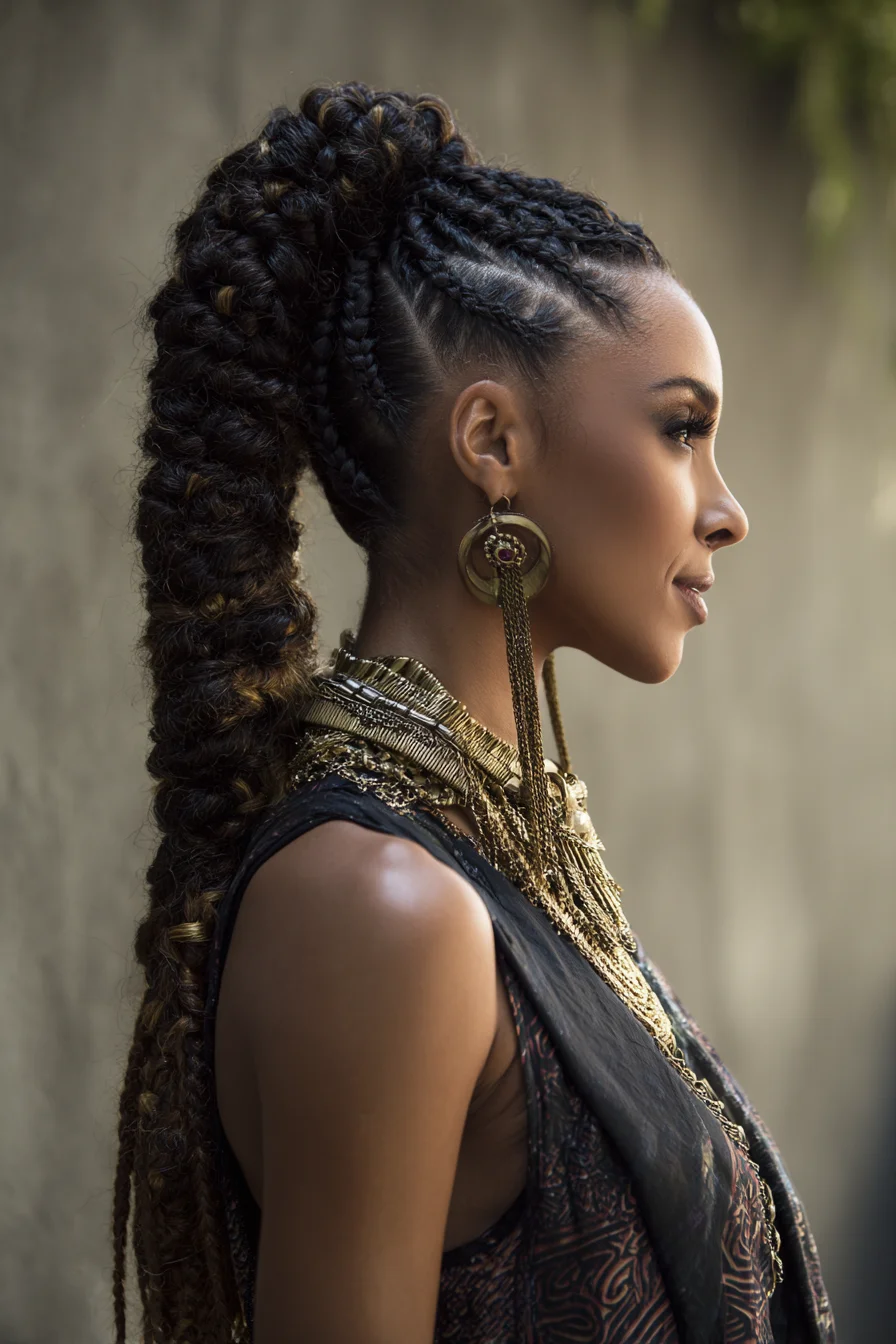High Knotless Cornrows into Jumbo Braided Ponytail with Gold Accents