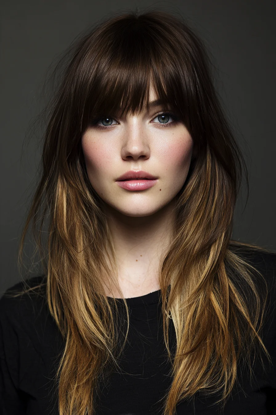Layered Shag with Curtain Bangs & Caramel Balayage