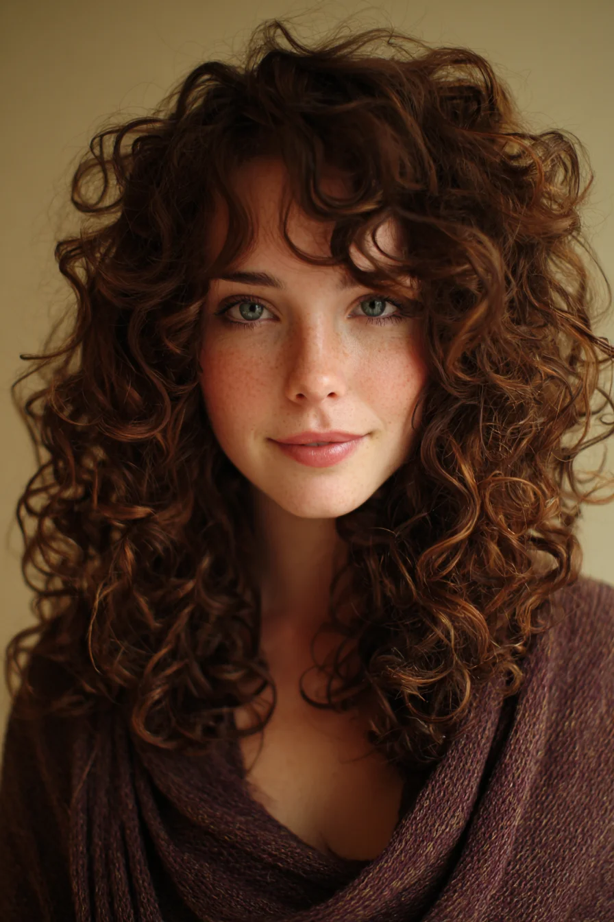 Layered Shoulder-Length Curly Cut with Soft Curtain Fringe