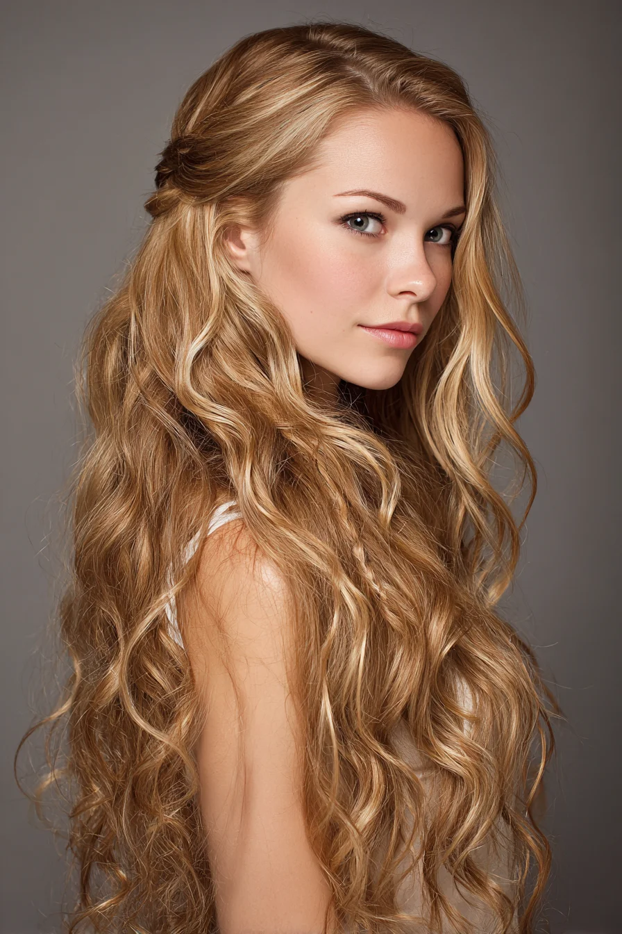 Long Beachy Waves with Half-Twist Halo — Half-Up Wavy Hairstyle