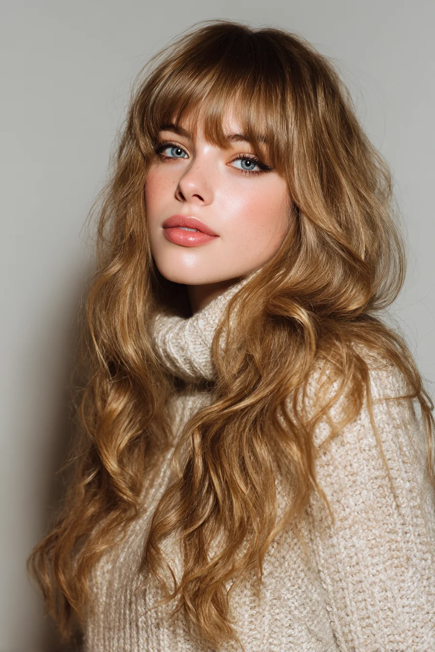 Long Beachy Waves with Soft Curtain Bangs