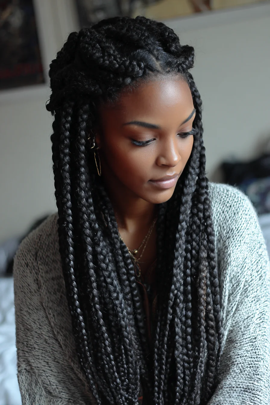 Long Box Braids with Half-Up Cornrow Crown — Protective Braided Style