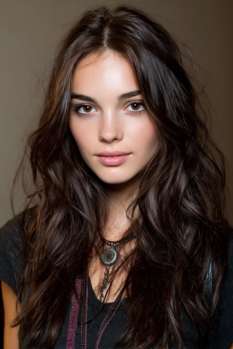 Long Layered Beach Waves with Middle Part — Textured Dark Brown Style