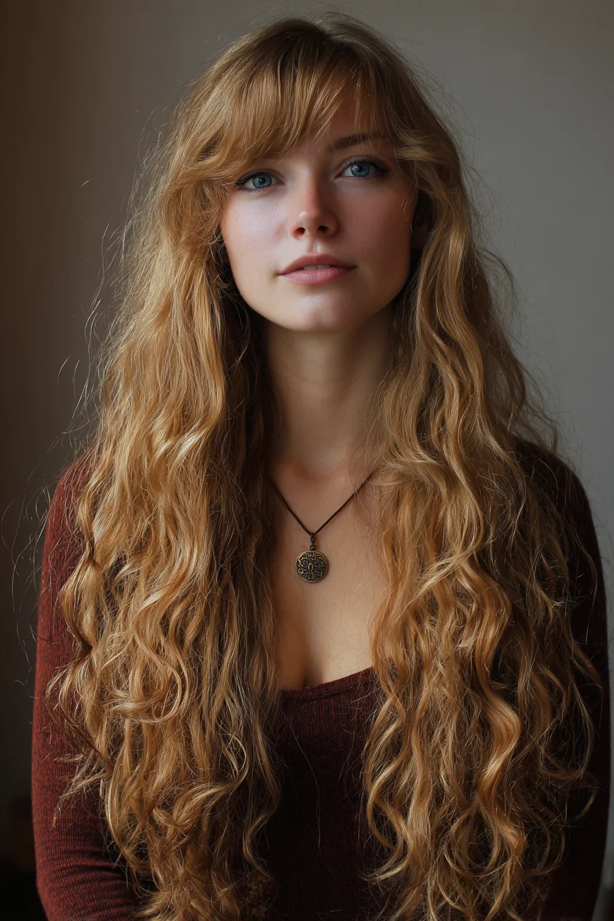 Long Layered Beach Waves with Soft Curtain Bangs