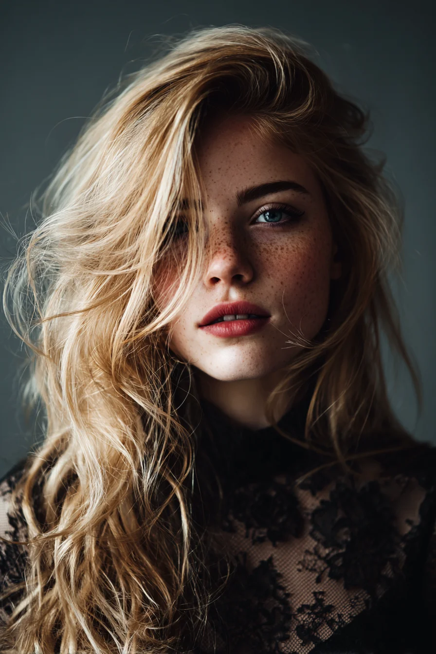 Long Layered Blonde Tousled Waves with Side-Swept Fringe