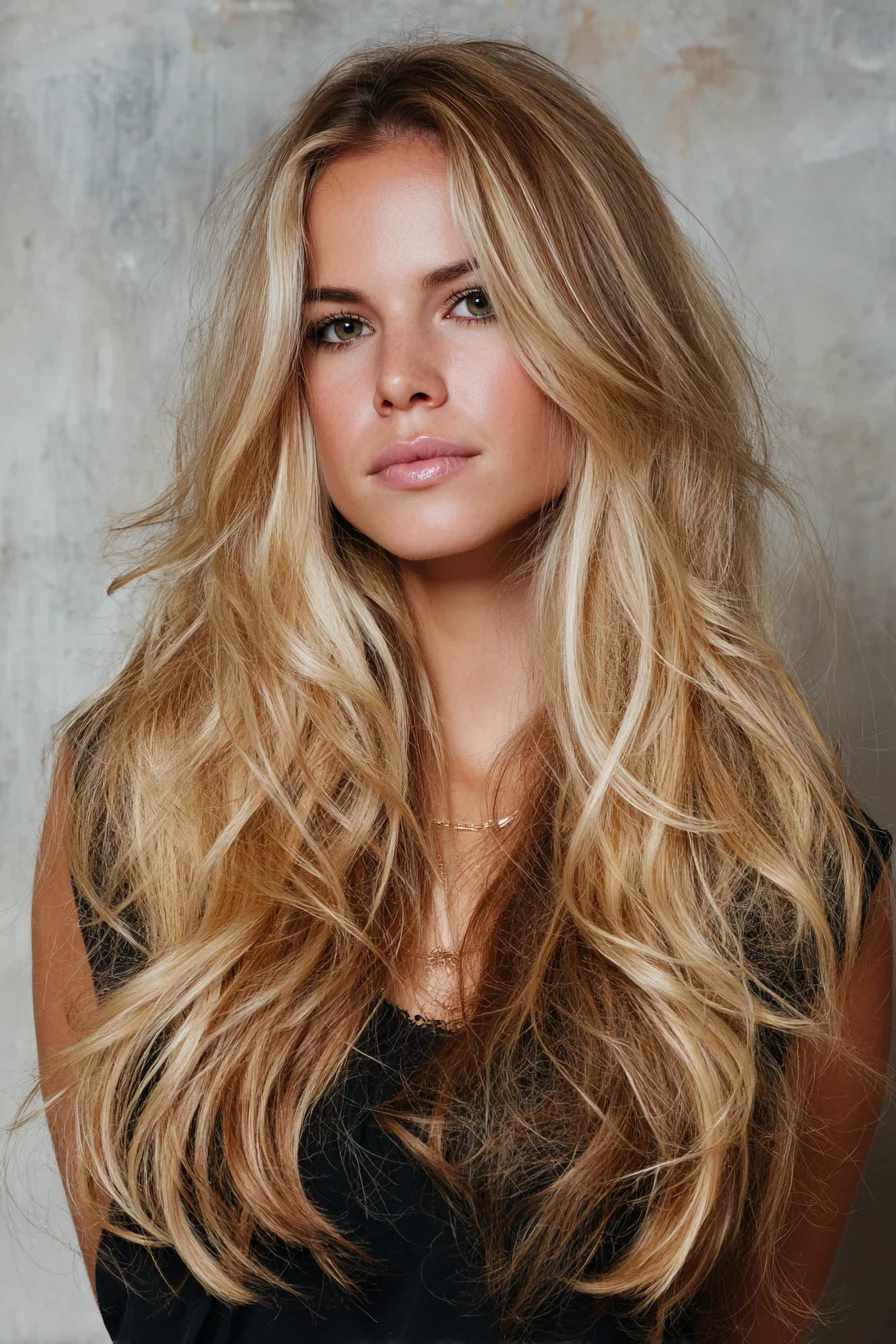 Long Layered Blonde with Face‑Framing Curtain Bangs & Beachy Waves