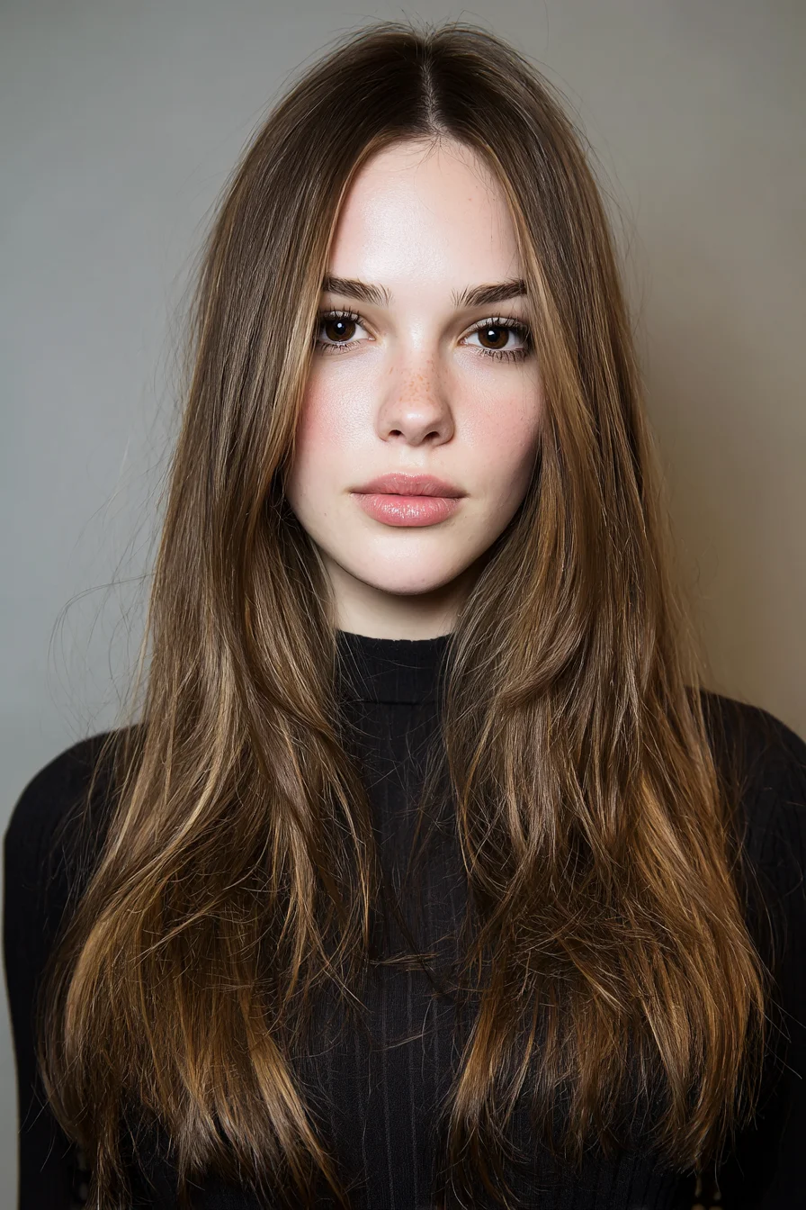 Long Layered Center Part with Soft Face‑Framing Layers