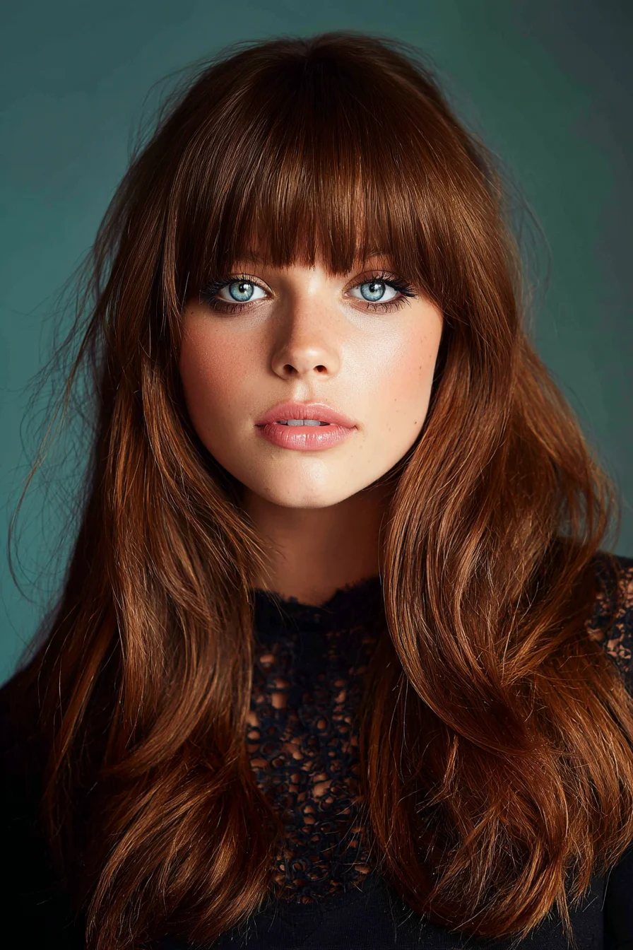 Long Layered Chestnut Hair with Blunt Fringe