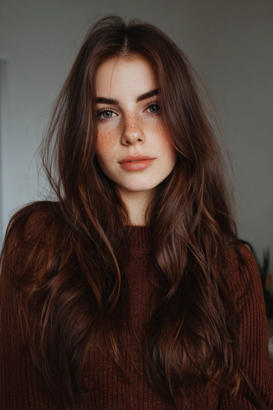 Long Layered Chestnut Waves with Soft Face-Framing Layers