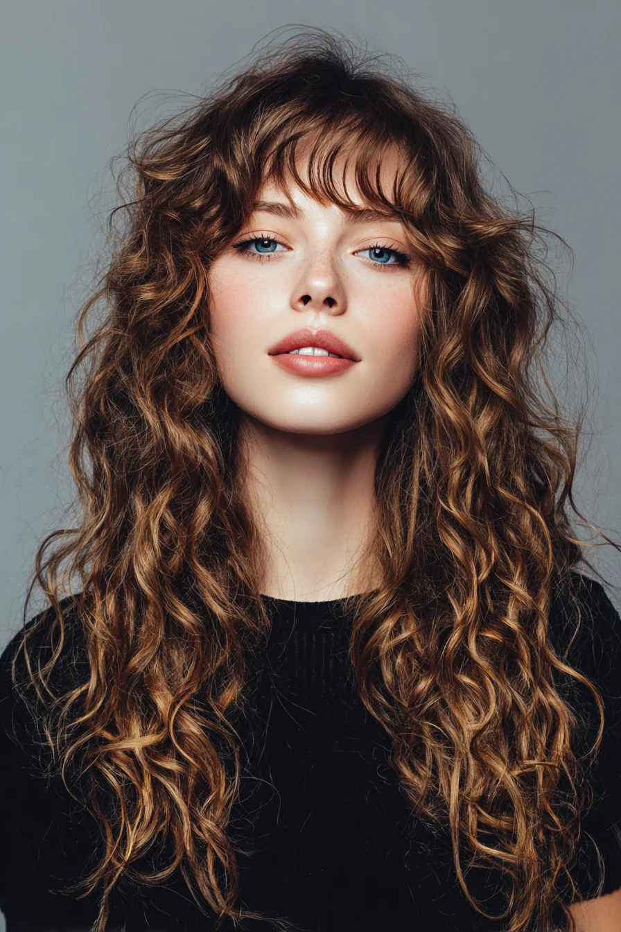 Long Layered Curls with Wispy Curtain Bangs