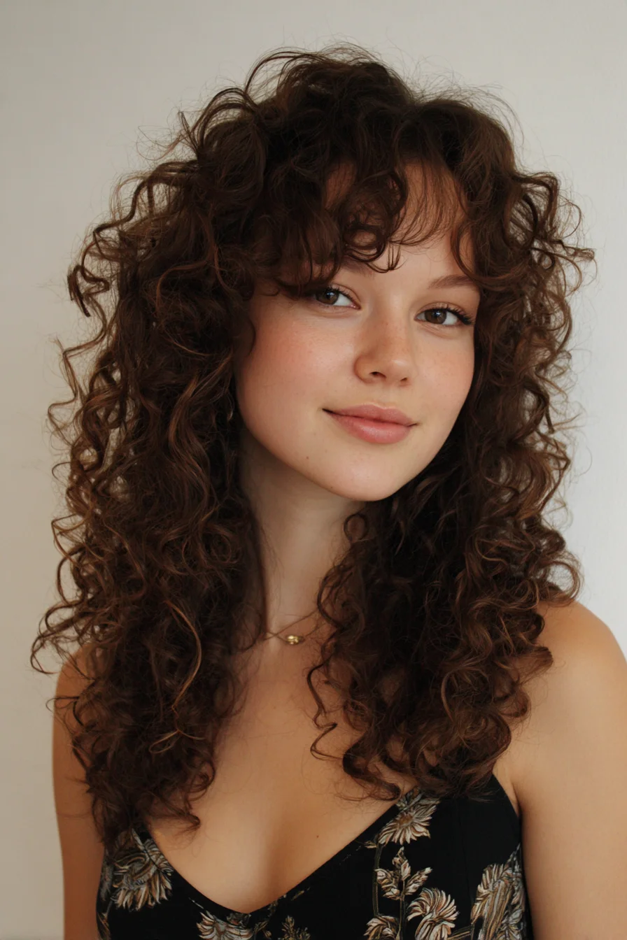 Long Layered Curly Cut with Wispy Curtain Bangs