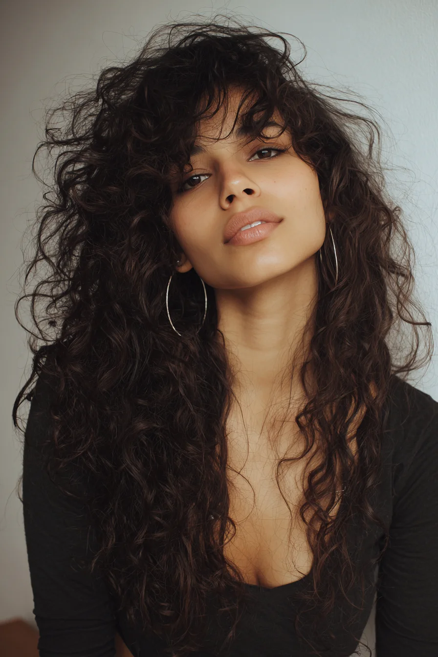 Long Layered Curly Hair with Wispy Curtain Bangs