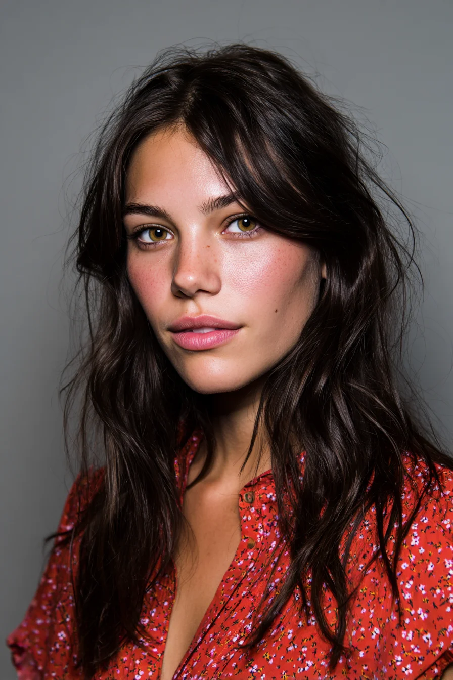 Long Layered Cut with Curtain Bangs and Tousled Beach Waves