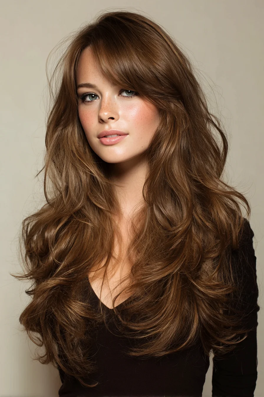 Long Layered Cut with Face‑Framing Curtain Bangs and Soft Waves
