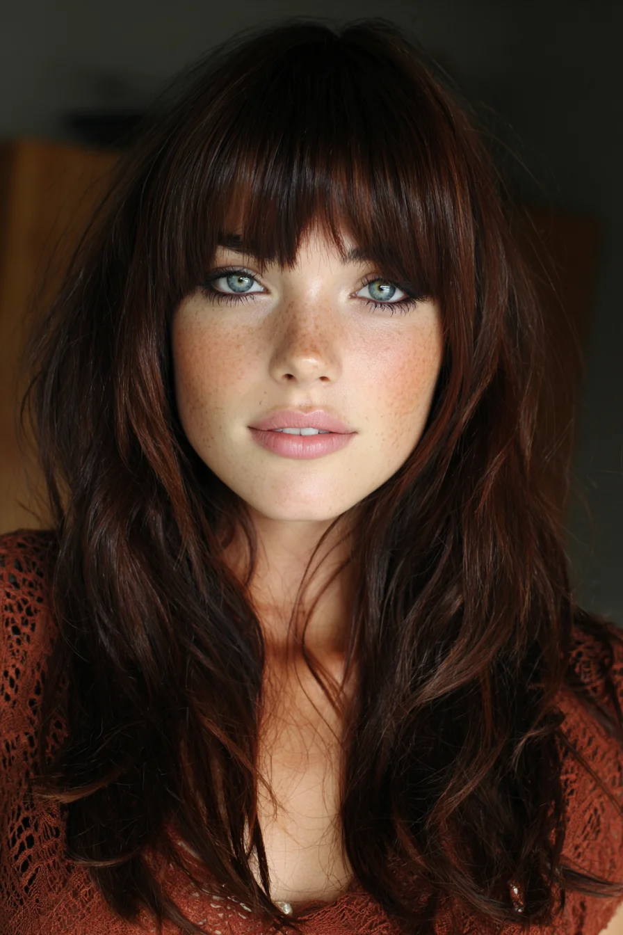 Long Layered Cut with Full Blunt Fringe and Shaggy Texture