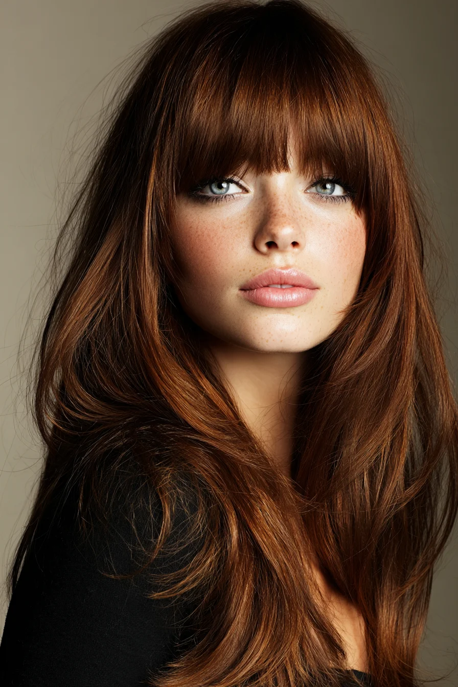 Long Layered Cut with Full Blunt Fringe and Soft Face-Framing Waves