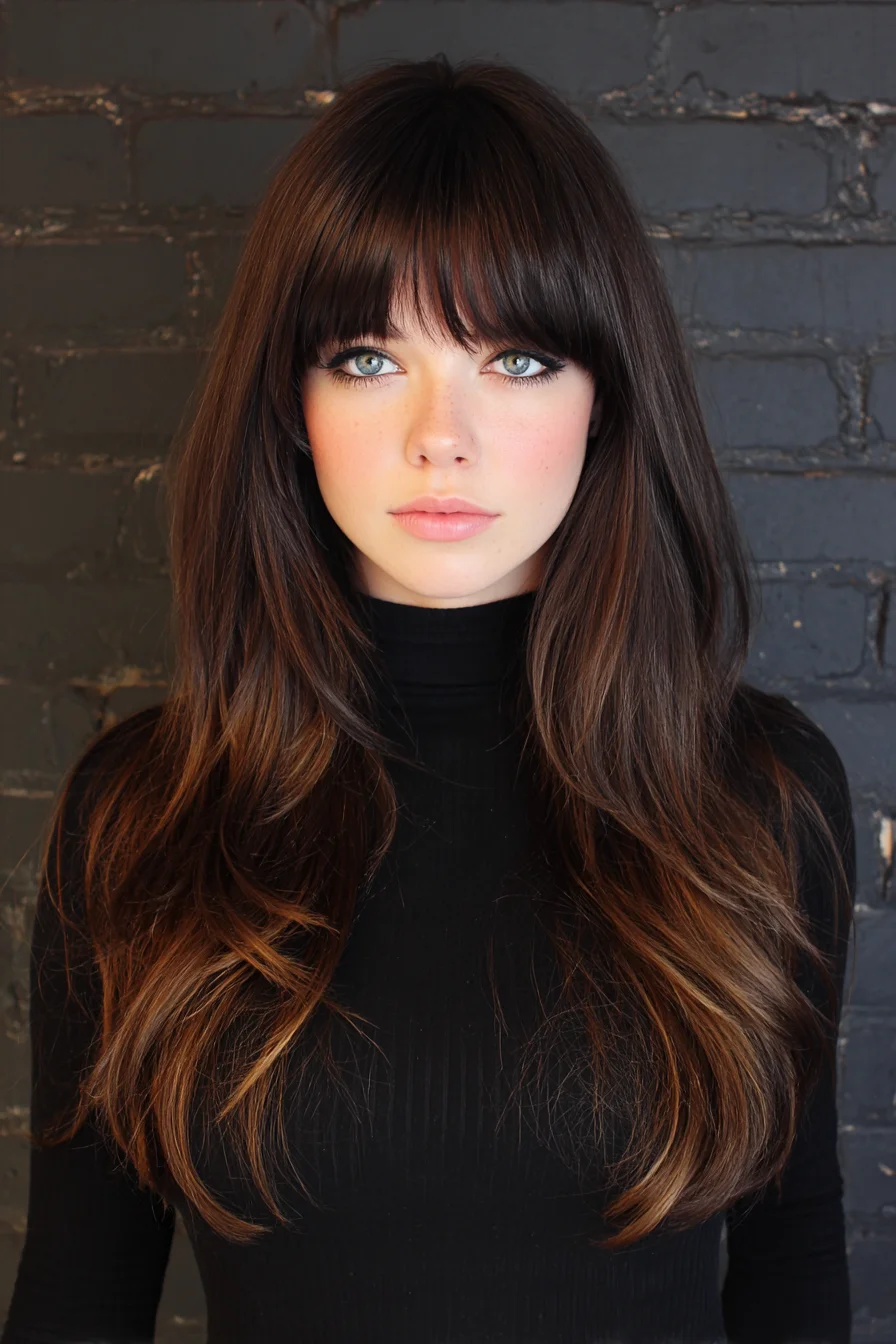Long Layered Cut with Full Blunt Fringe and Soft Face‑Framing