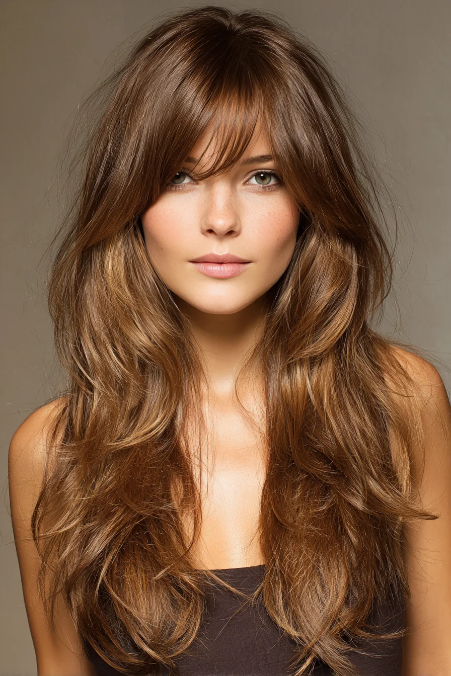 Long Layered Cut with Soft Curtain Bangs for Medium-to-Thick Hair