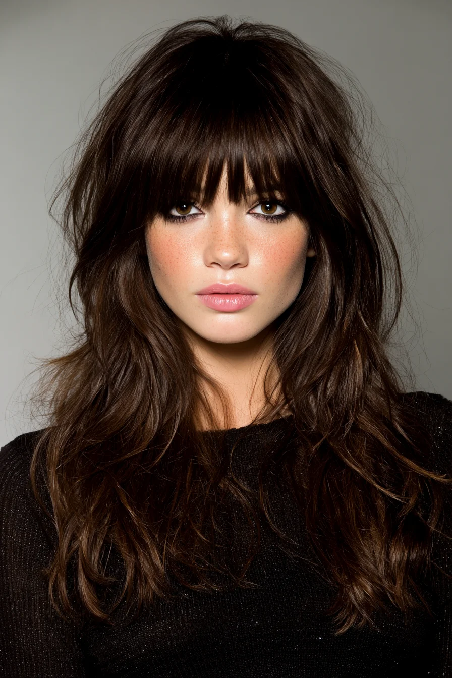 Long Layered Shag with Blunt Fringe — Textured Tousled Waves
