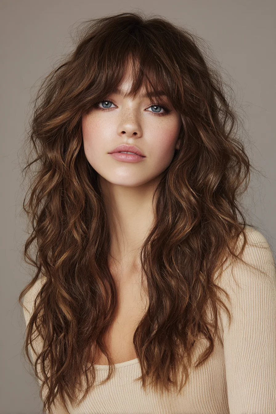 Long Layered Shag with Curtain Bangs and Beachy Waves