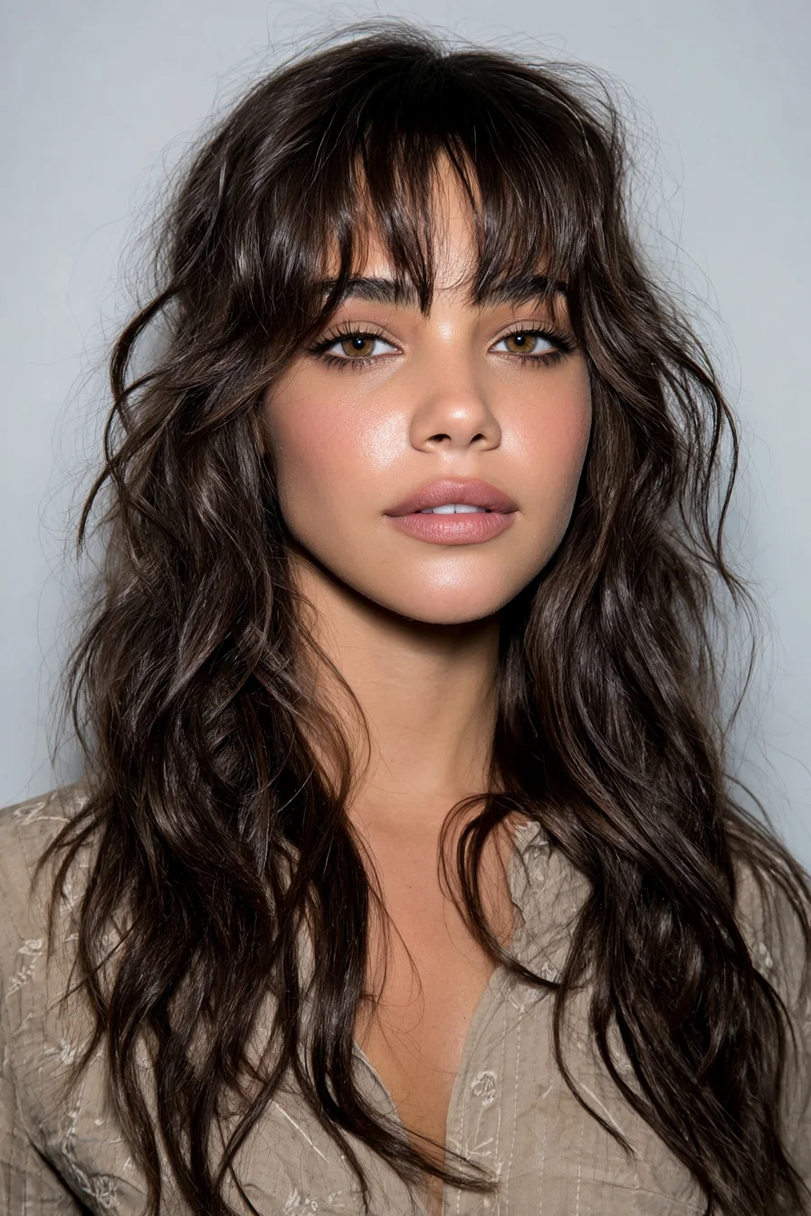 Long Layered Shag with Curtain Bangs and Textured Beach Waves