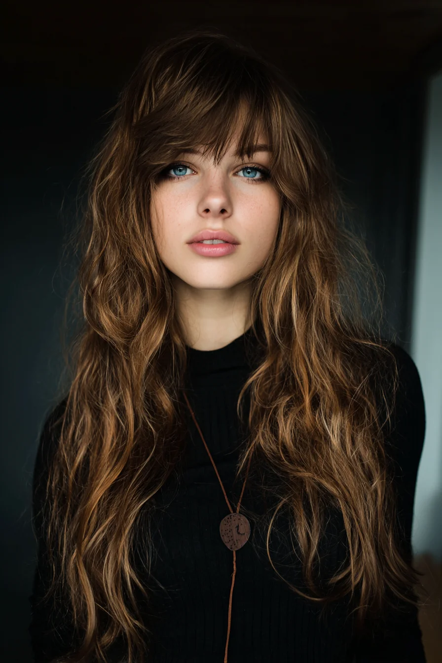Long Layered Shag with Curtain Bangs and Tousled Beachy Waves